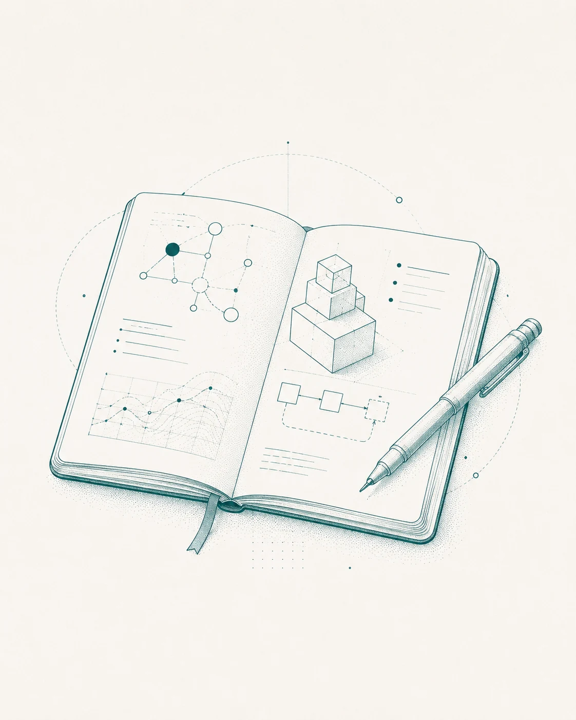 Illustration of an open notebook with technical diagrams and a pen